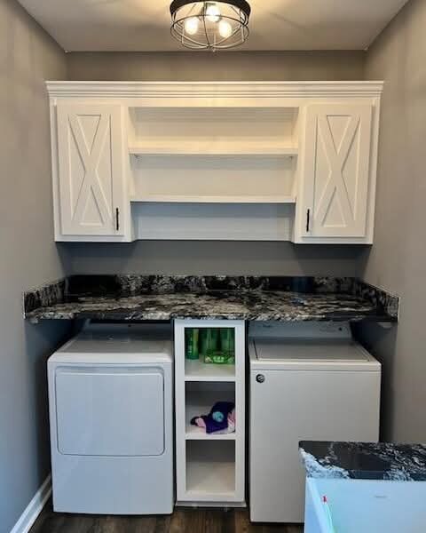 Laundry room with a dark granite folding counter